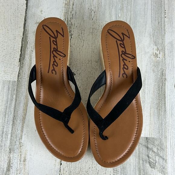Zodiac Women’s 10 Black Leather Espadrille Wedge Platform Sandals NEW - Picture 2 of 10